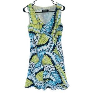 TRIBAL WOMEN YELLOW BLUE BLACK COLORFUL SLEEVELESS DRESS RUFFLED HEM SIZE 2